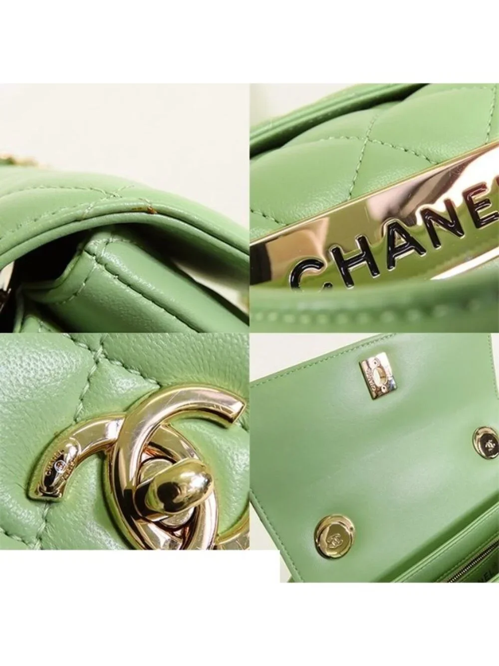 Chanel Top Handle Flap Bag Sage Green Gold Leather 2-Way